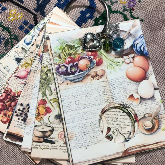 Recipe book themed floss drops for cross stitch thread organisation.