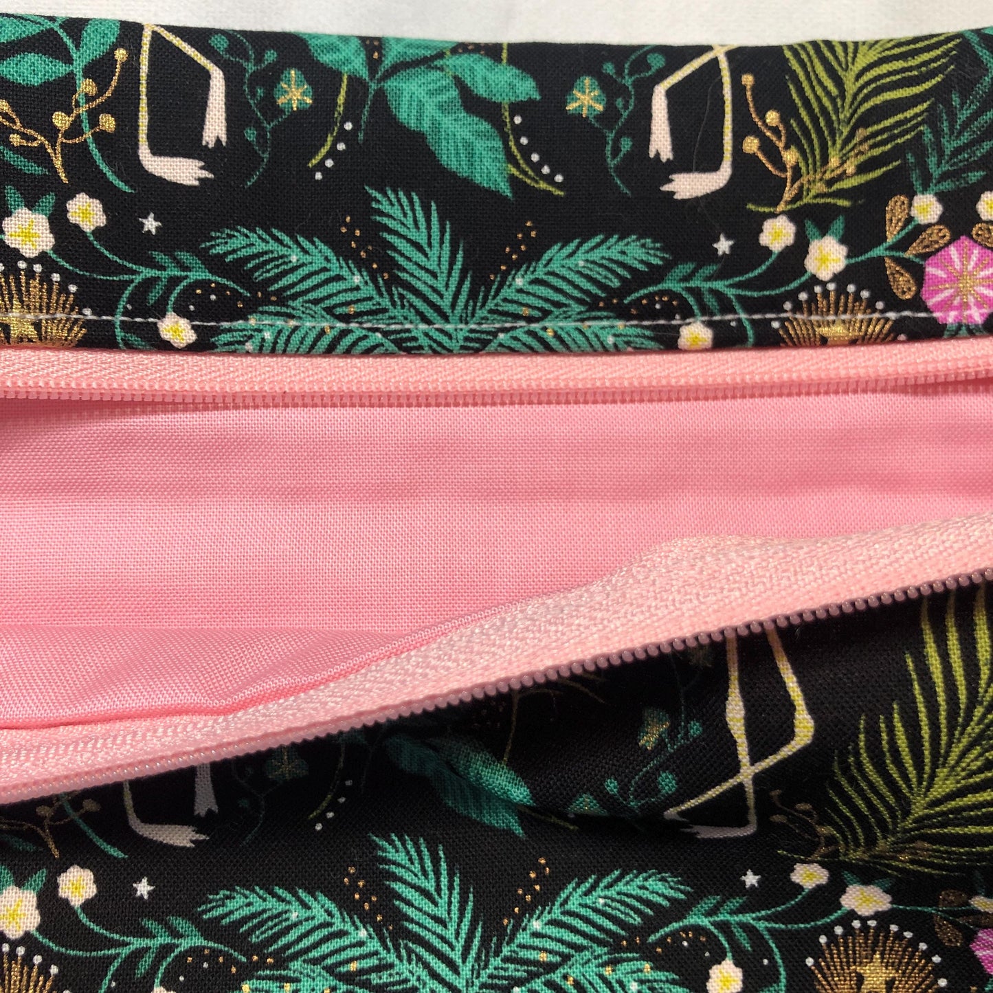 Flamingo themed cross stitch project bag