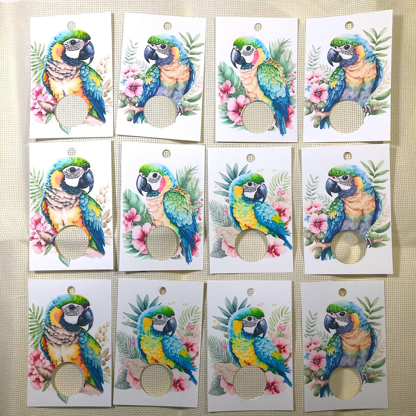 Tropical birds themed floss drops for cross stitch thread organisation.