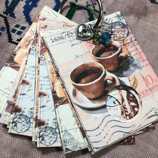 Coffee themed floss drops for cross stitch thread organisation.