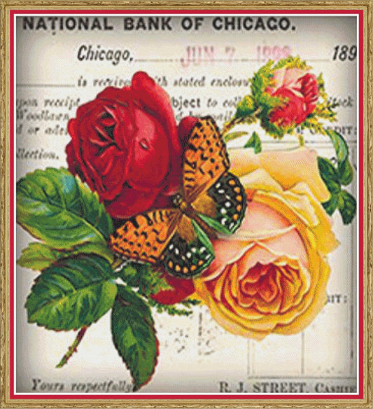 Cross stitch pattern of vintage-style red and yellow roses and a butterfly on an old document background.
