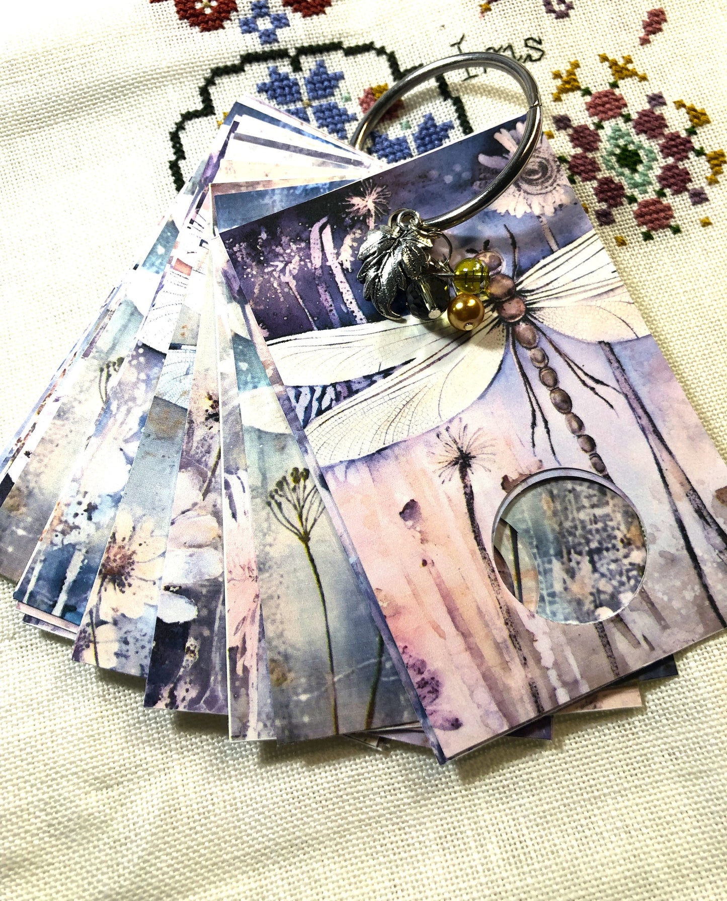 Dragonfly themed floss drops for cross stitch thread organisation.