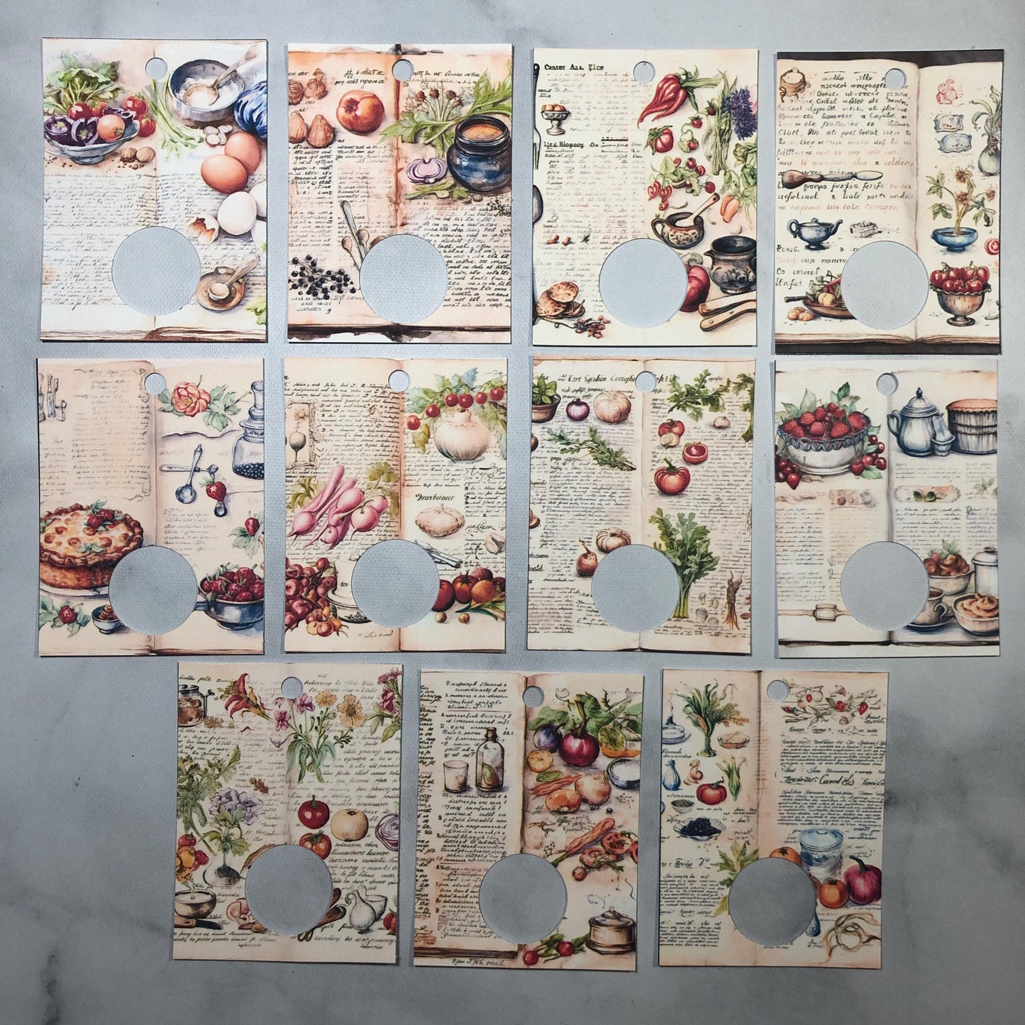 Recipe book themed floss drops for cross stitch thread organisation.