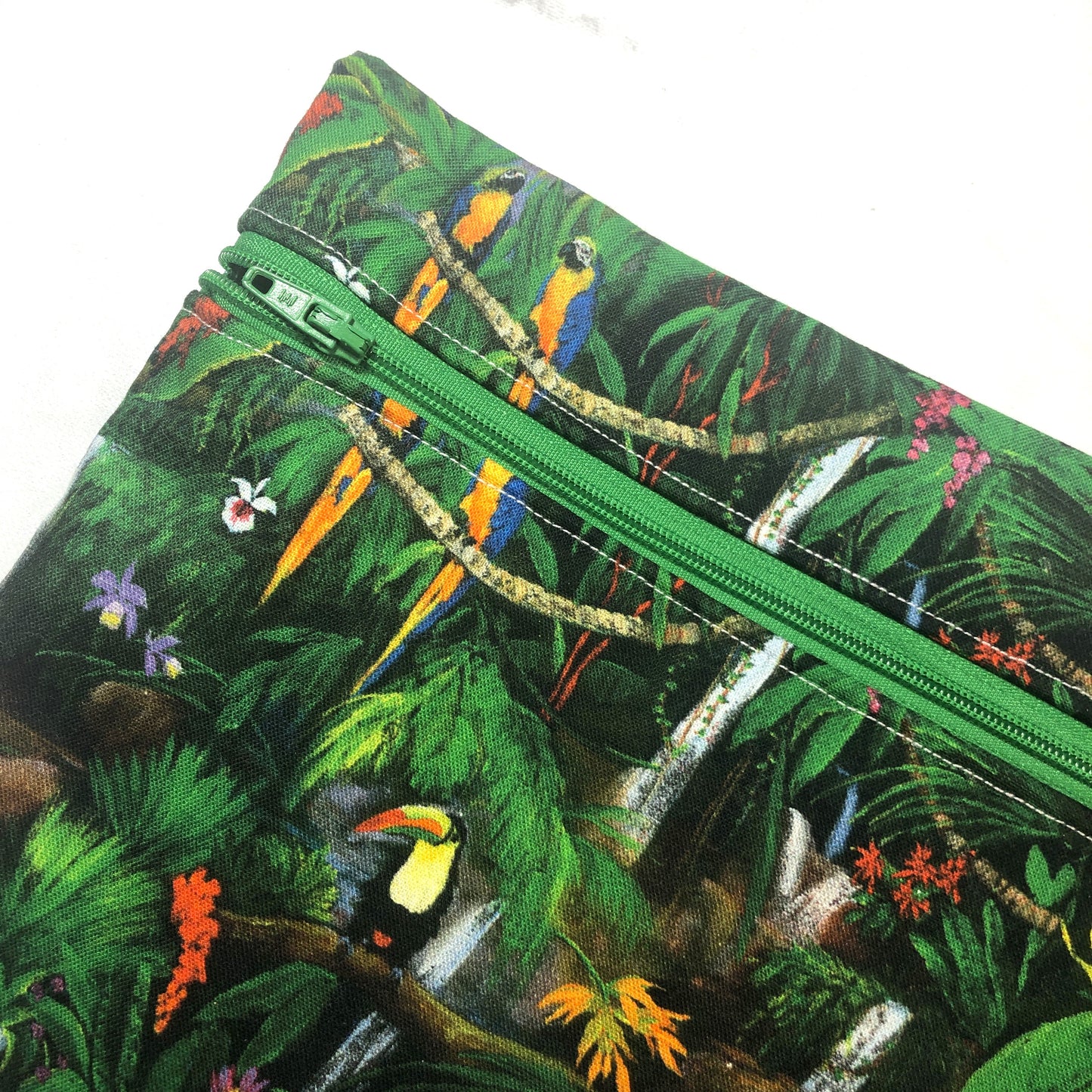 Rainforest tropical jungle themed cross stitch project bag