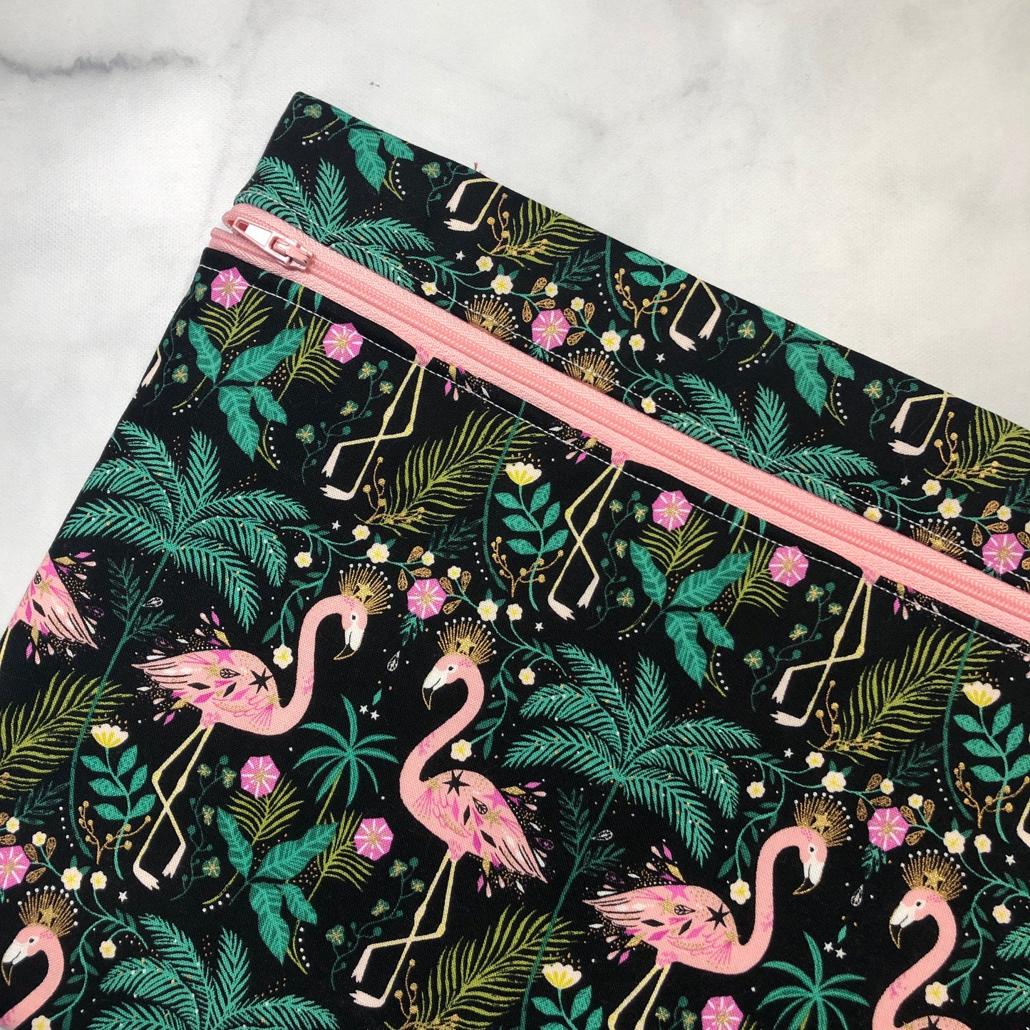 Flamingo patterned project bag for cross stitch.