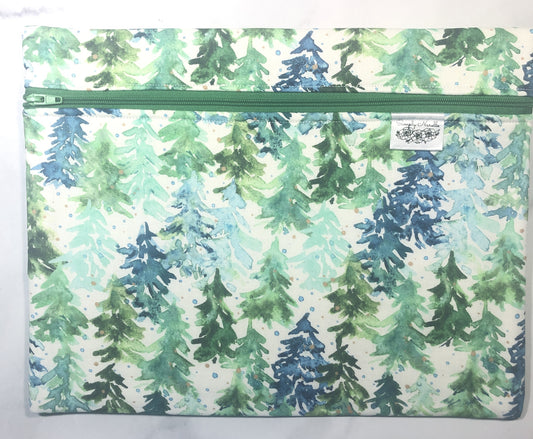 Watercolour trees themed project bag for cross stitch.