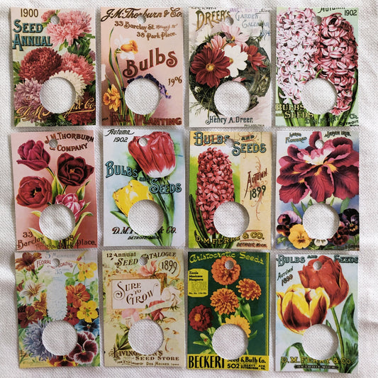 Vintage seed packet themed handmade floss drops for cross stitch.