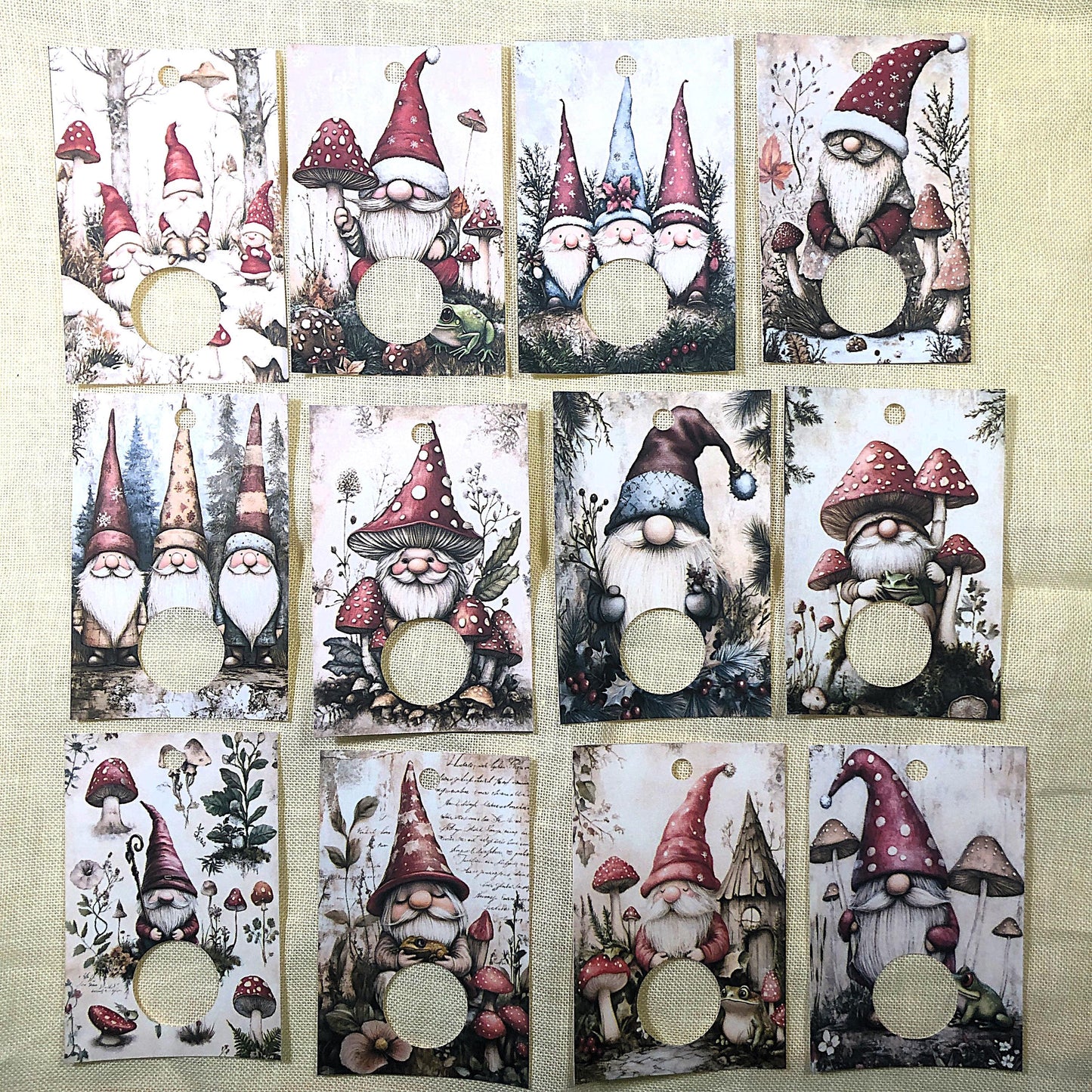 Christmas gnomes themed floss drops for cross stitch thread organisation.