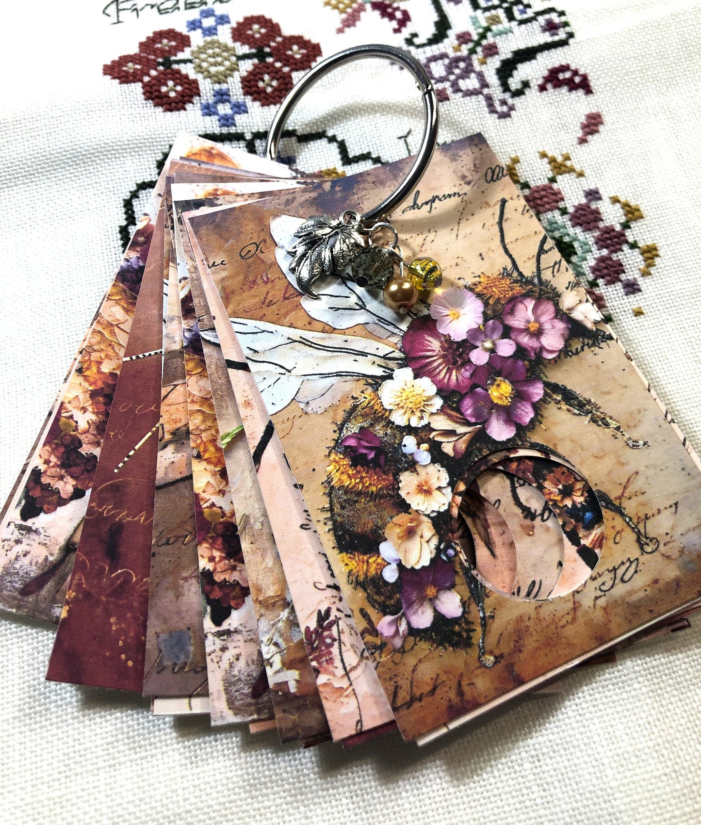 Bee themed floss drops for cross stitch thread organisation.