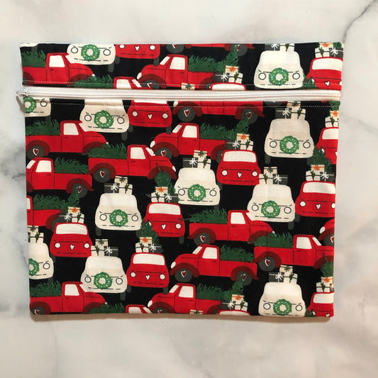 Christmas trucks themed cross stitch project bag