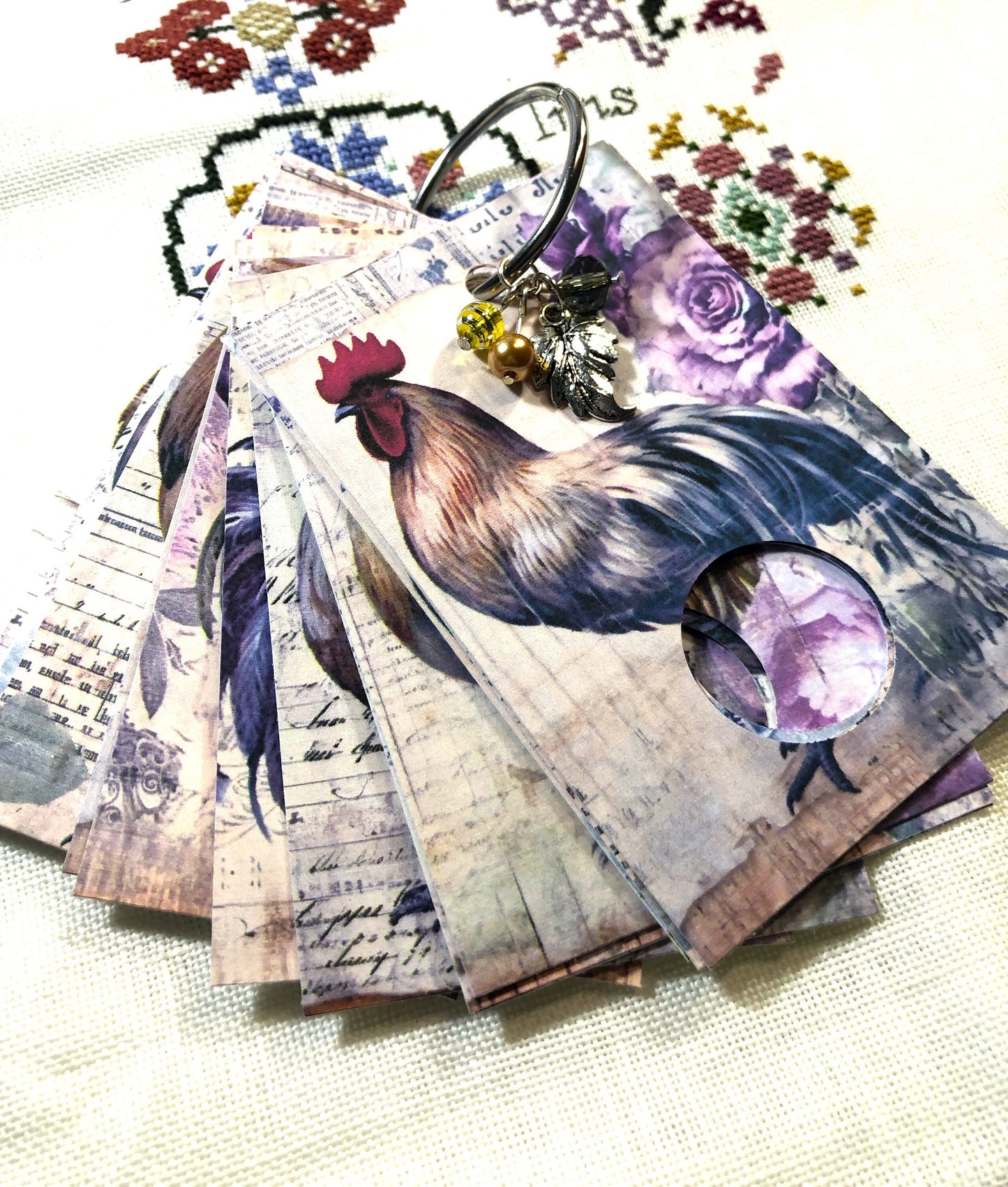 Rooster themed floss drops for cross stitch thread organisation.