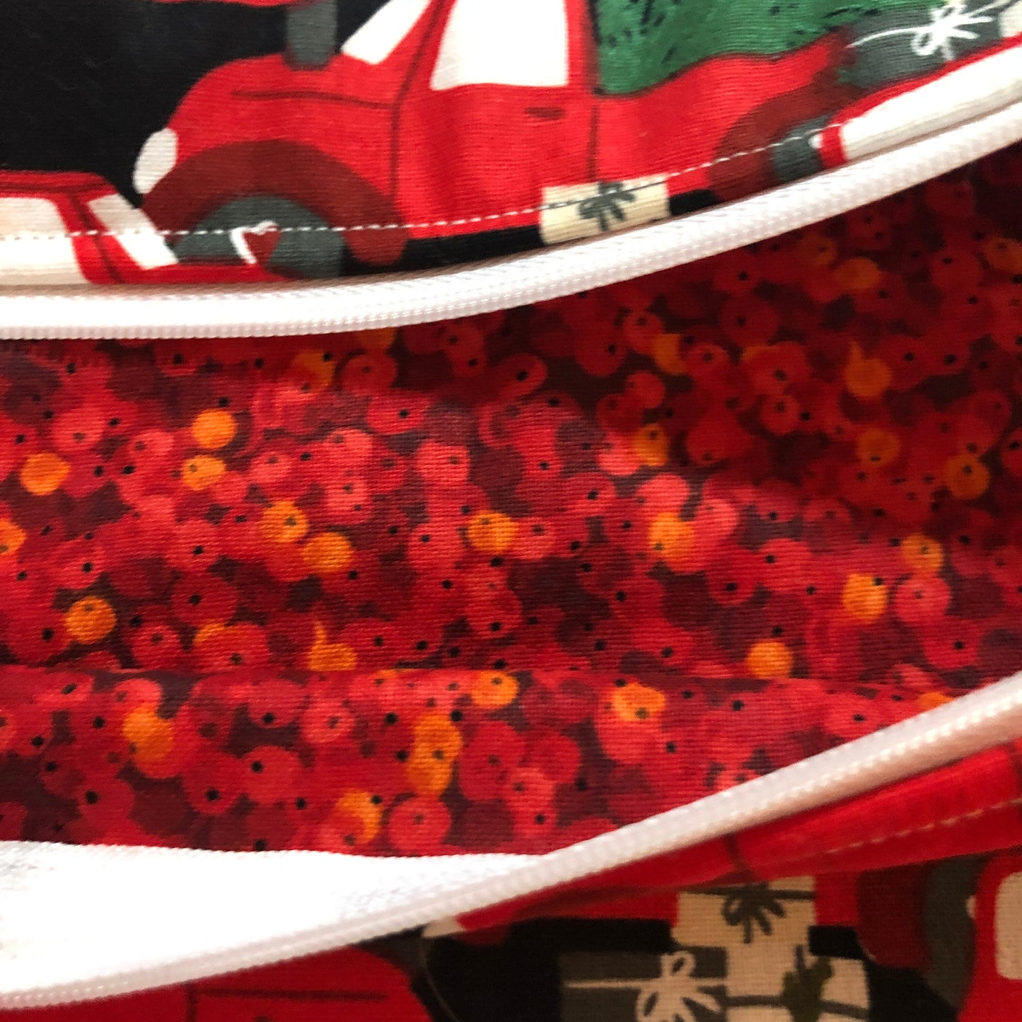 Christmas trucks themed cross stitch project bag