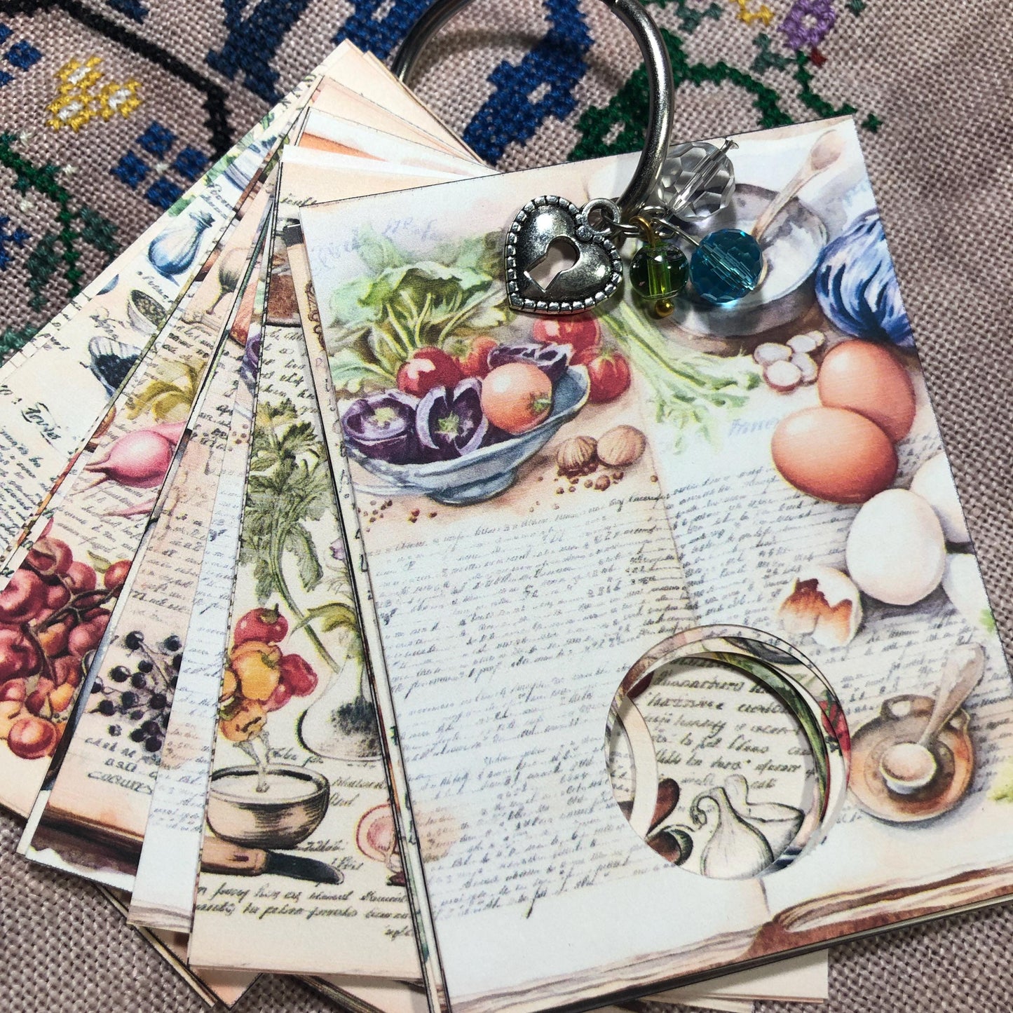 Recipe book themed floss drops for cross stitch thread organisation.