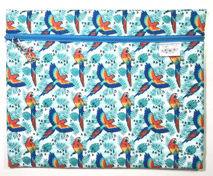 Bright Parrots Project Bag: Handmade Cotton Craft Organizer for Cross Stitch and other crafts (11.5"x9.5")