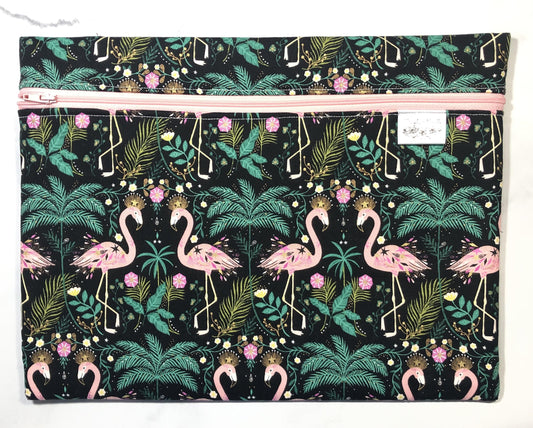 Flamingo themed cross stitch project bag