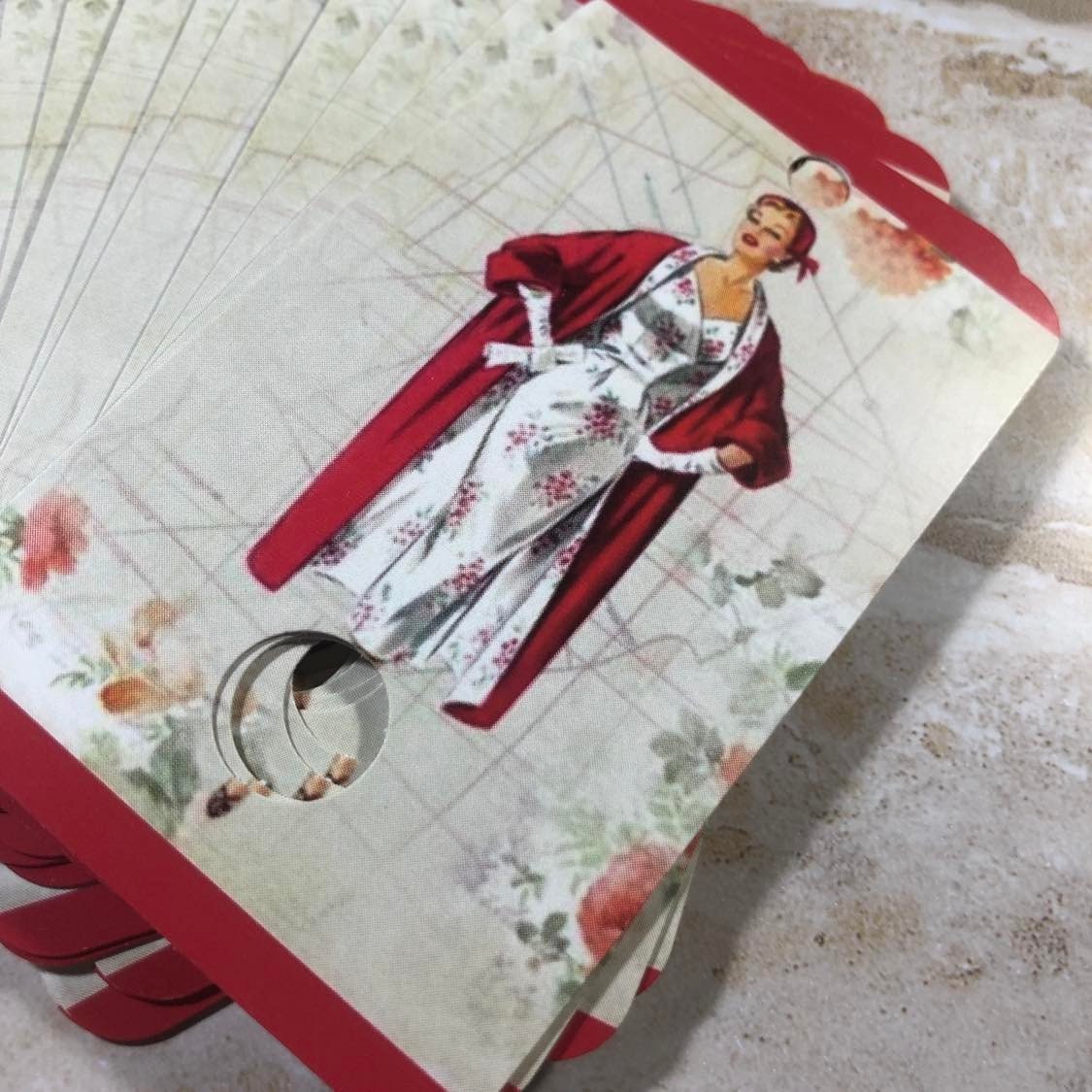 Vintage 1950s lady fashion themed  floss drops for cross stitch thread organisation.