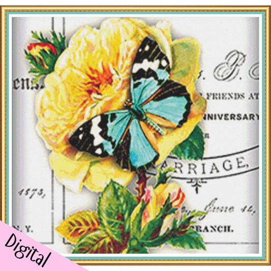 Digital cross-stitch pattern with yellow flowers and a butterfly on an old letter background