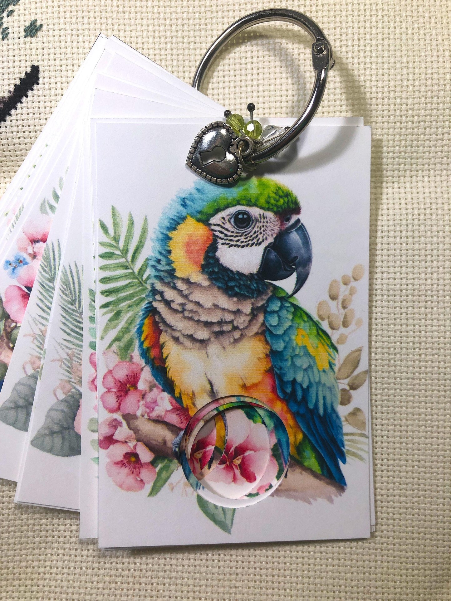 Tropical birds themed floss drops for cross stitch thread organisation.