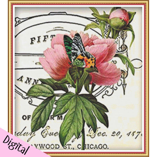 Vintage-style cross stitch pattern of pink flowers and a butterfly on a decorative background
