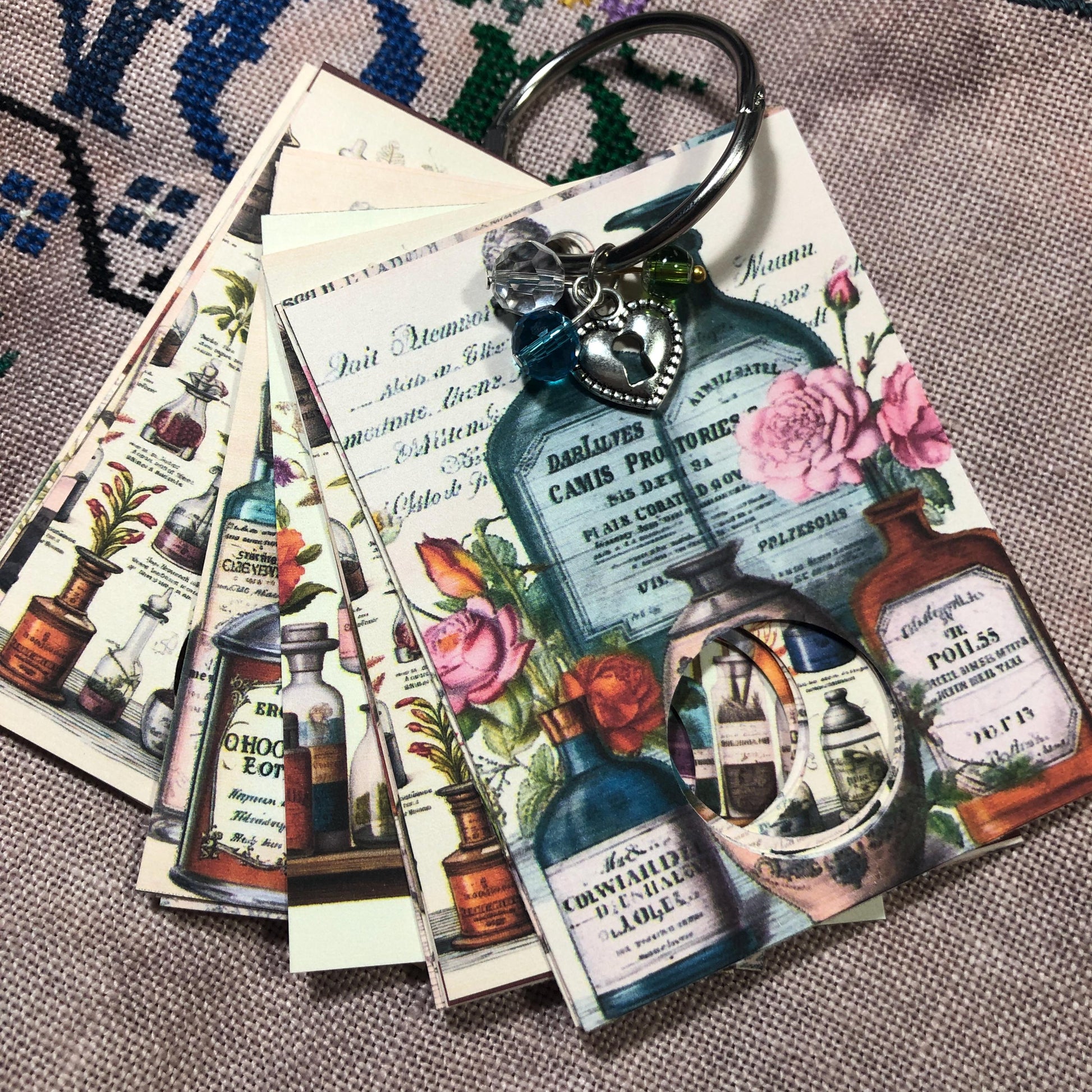 
Apothecary  bottles themed floss drops for cross stitch thread organisation.