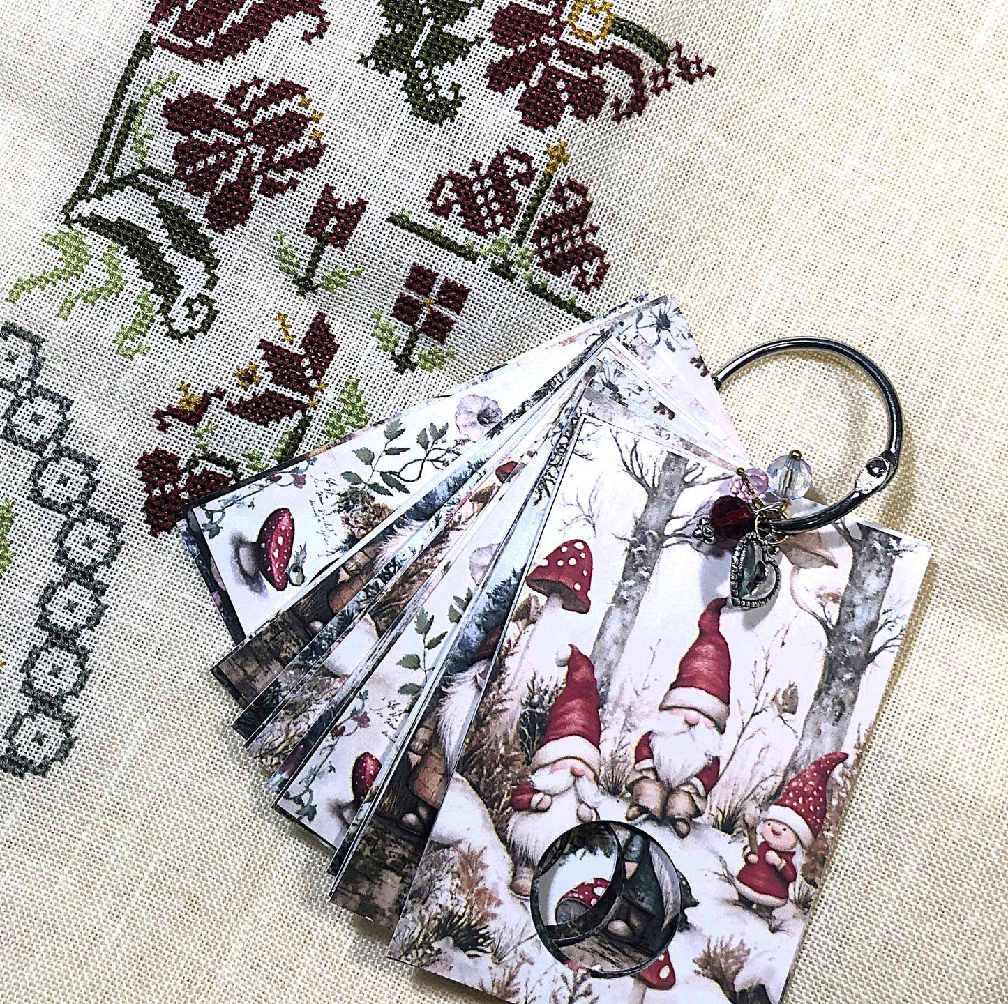 Christmas gnomes themed floss drops for cross stitch thread organisation.