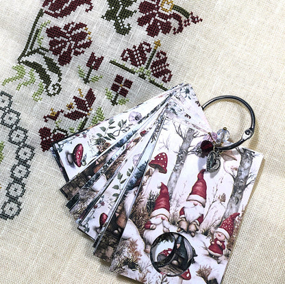 Christmas gnomes themed floss drops for cross stitch thread organisation.