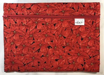 Christmas poinsettia themed cross stitch project bag