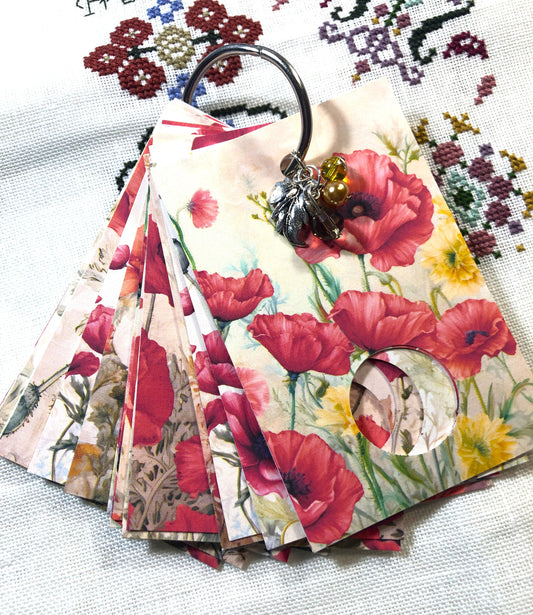 Poppies themed floss drops for cross stitch thread organisation.