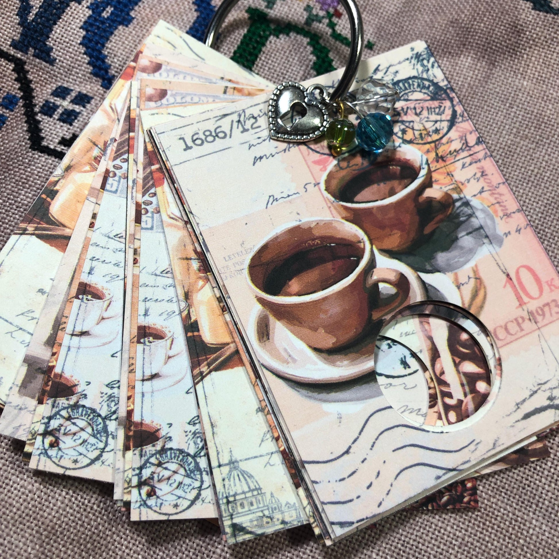 Coffee themed floss drops for cross stitch thread organisation.