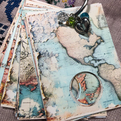 World map themed floss drops for cross stitch thread organisation.