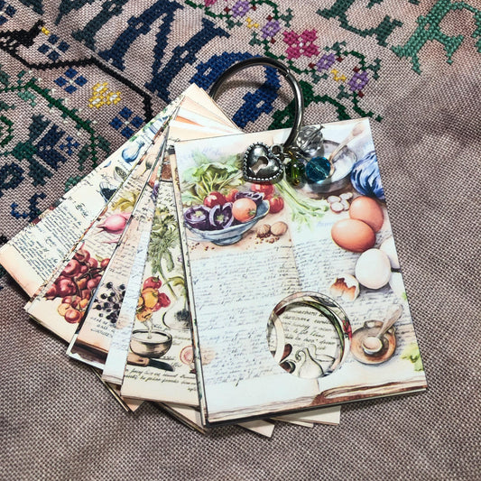 Recipe book themed floss drops for cross stitch thread organisation.