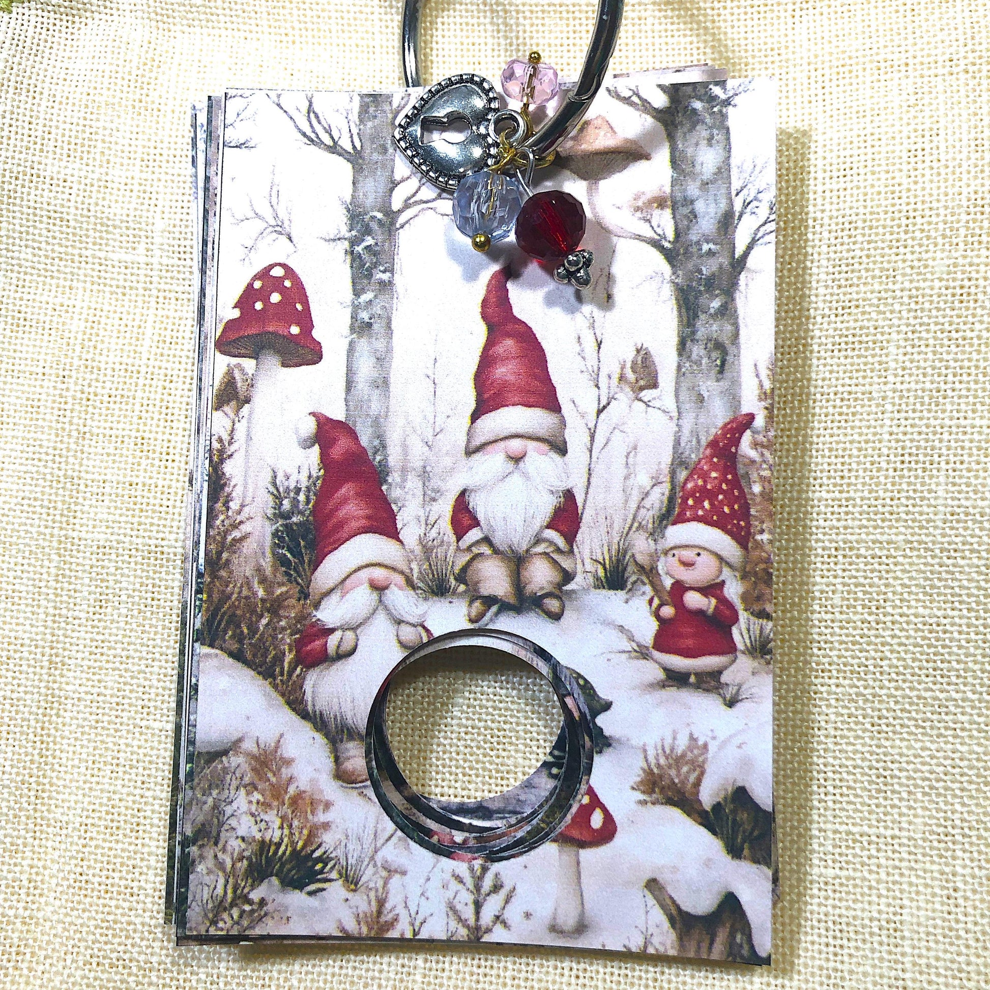 Christmas gnomes themed floss drops for cross stitch thread organisation.
