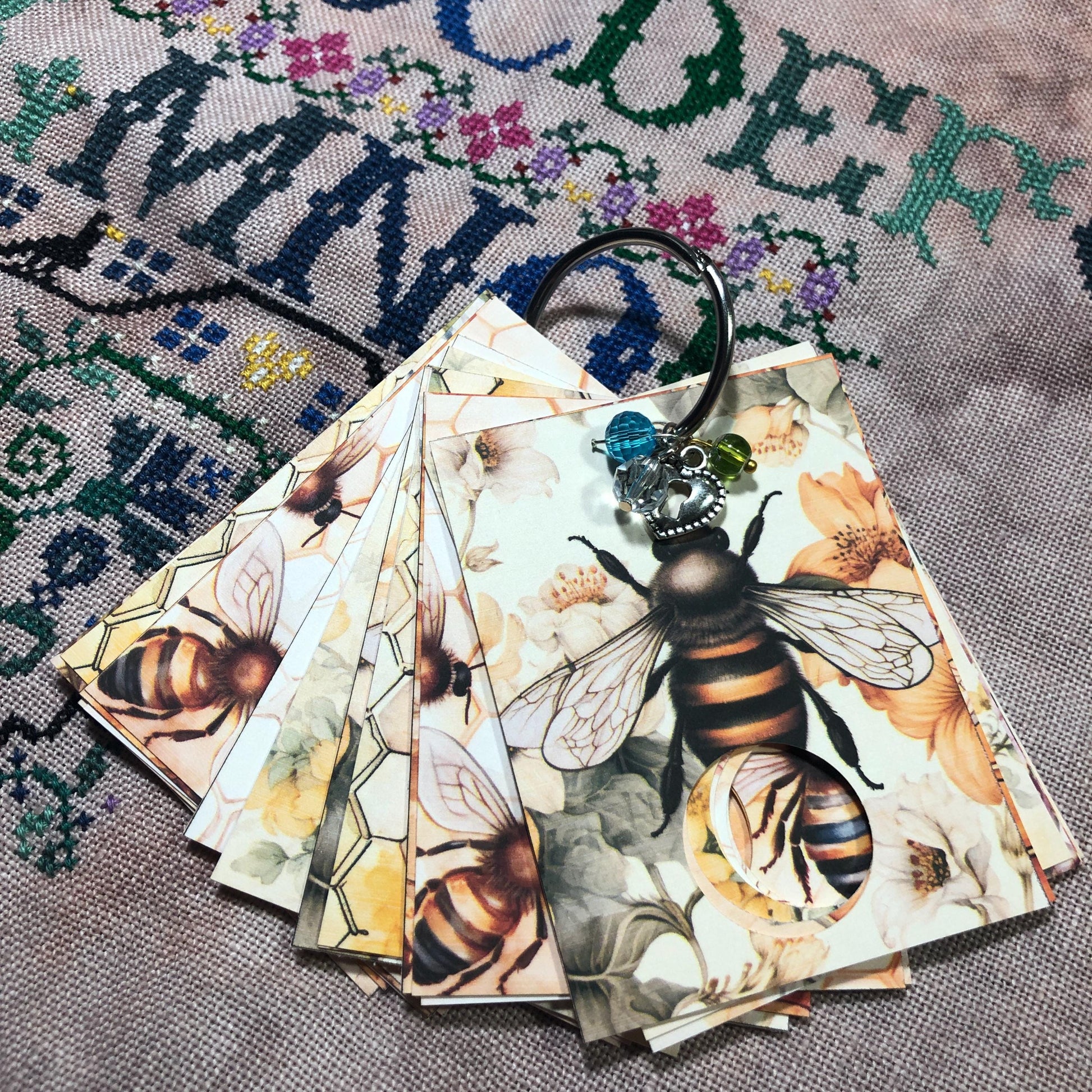 Bee themed floss drops for cross stitch thread organisation.