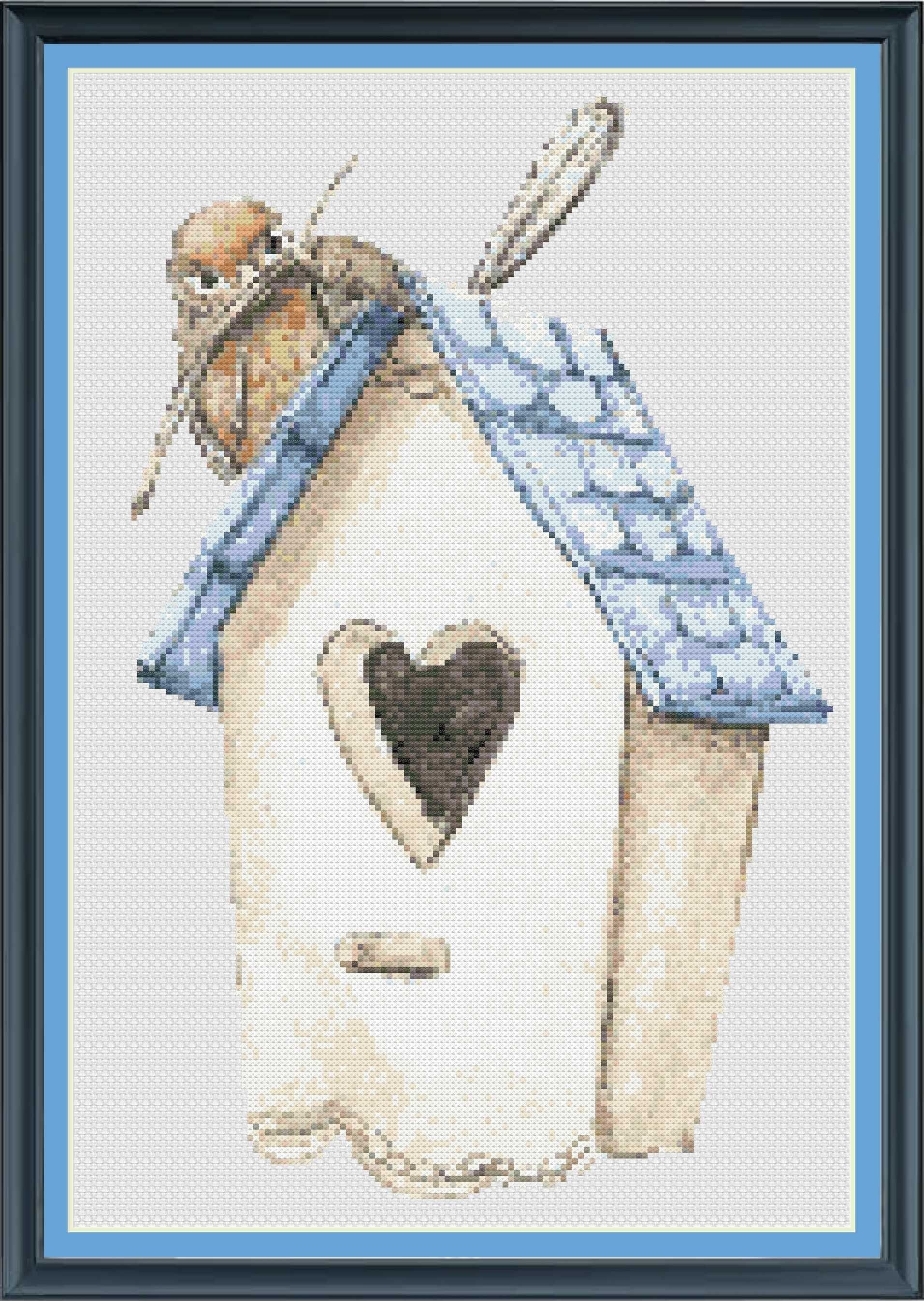 Cross-stitched design of a birdhouse with a heart and a bird on a white background
