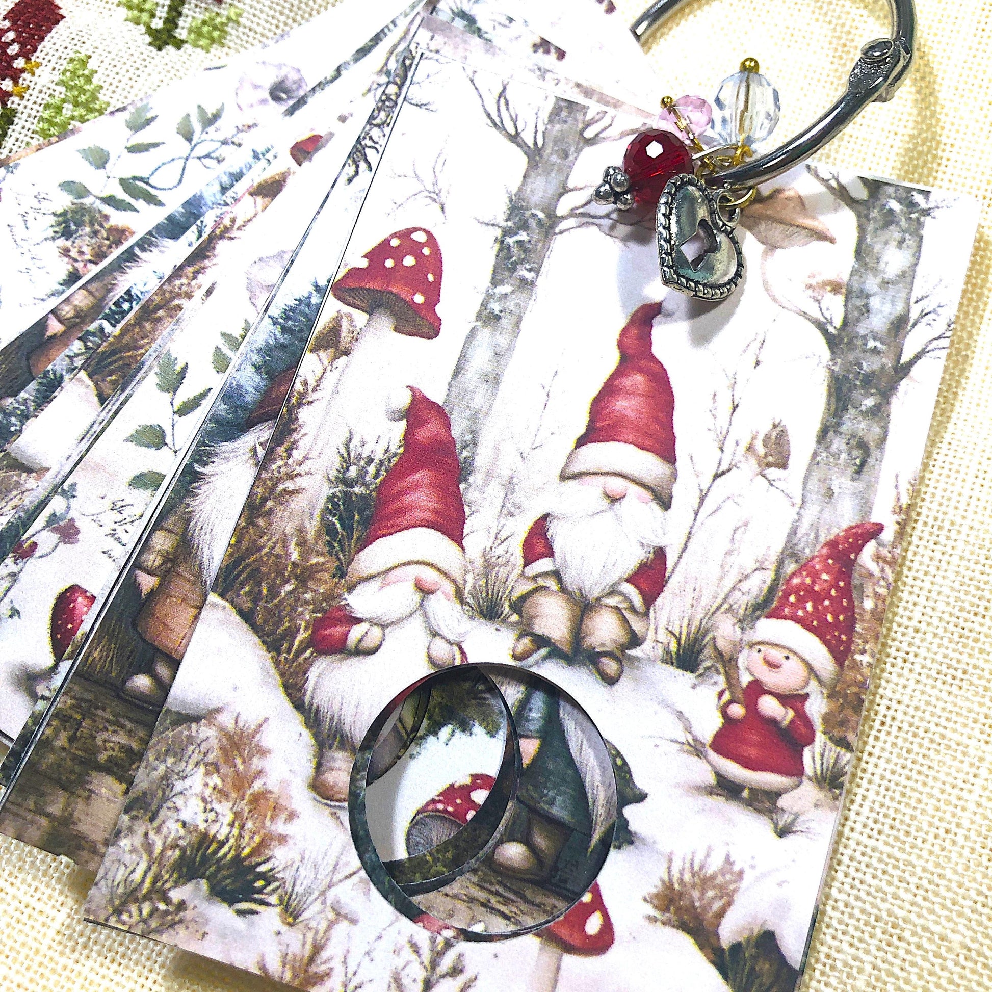 Christmas gnomes themed floss drops for cross stitch thread organisation.