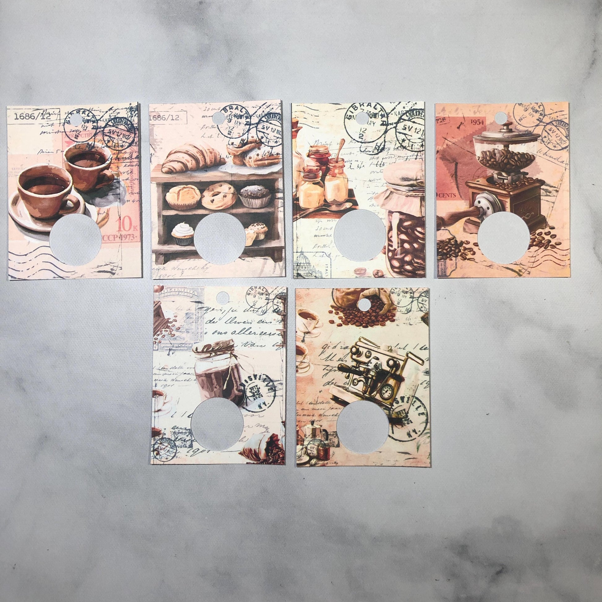 Coffee themed floss drops for cross stitch thread organisation.