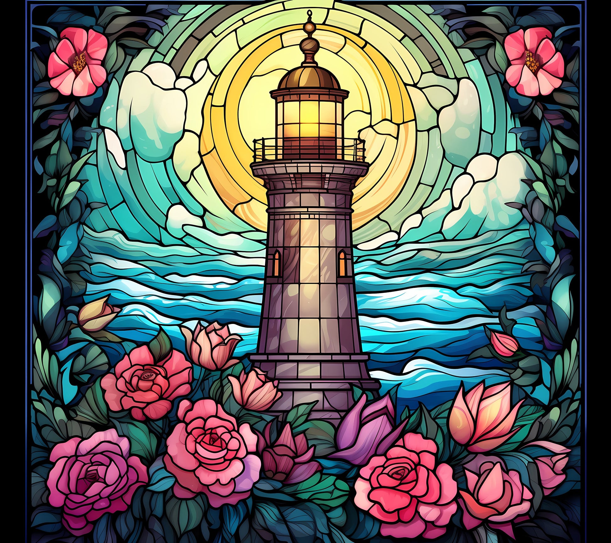 Cross stitch pattern of lighthouse surrounded by flowers and waves in a stained glass-like design.