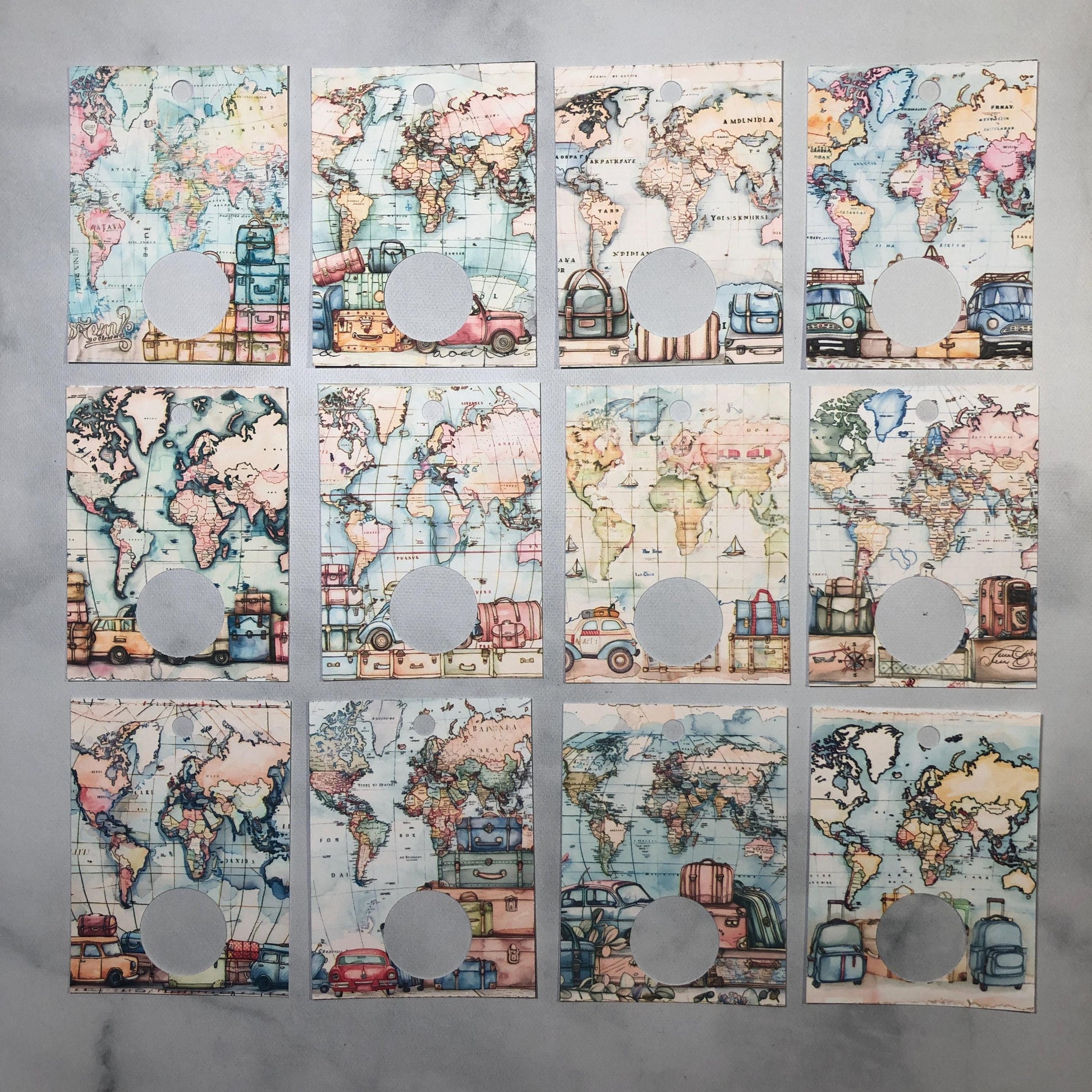 Travel themed floss drops for cross stitch thread organisation.