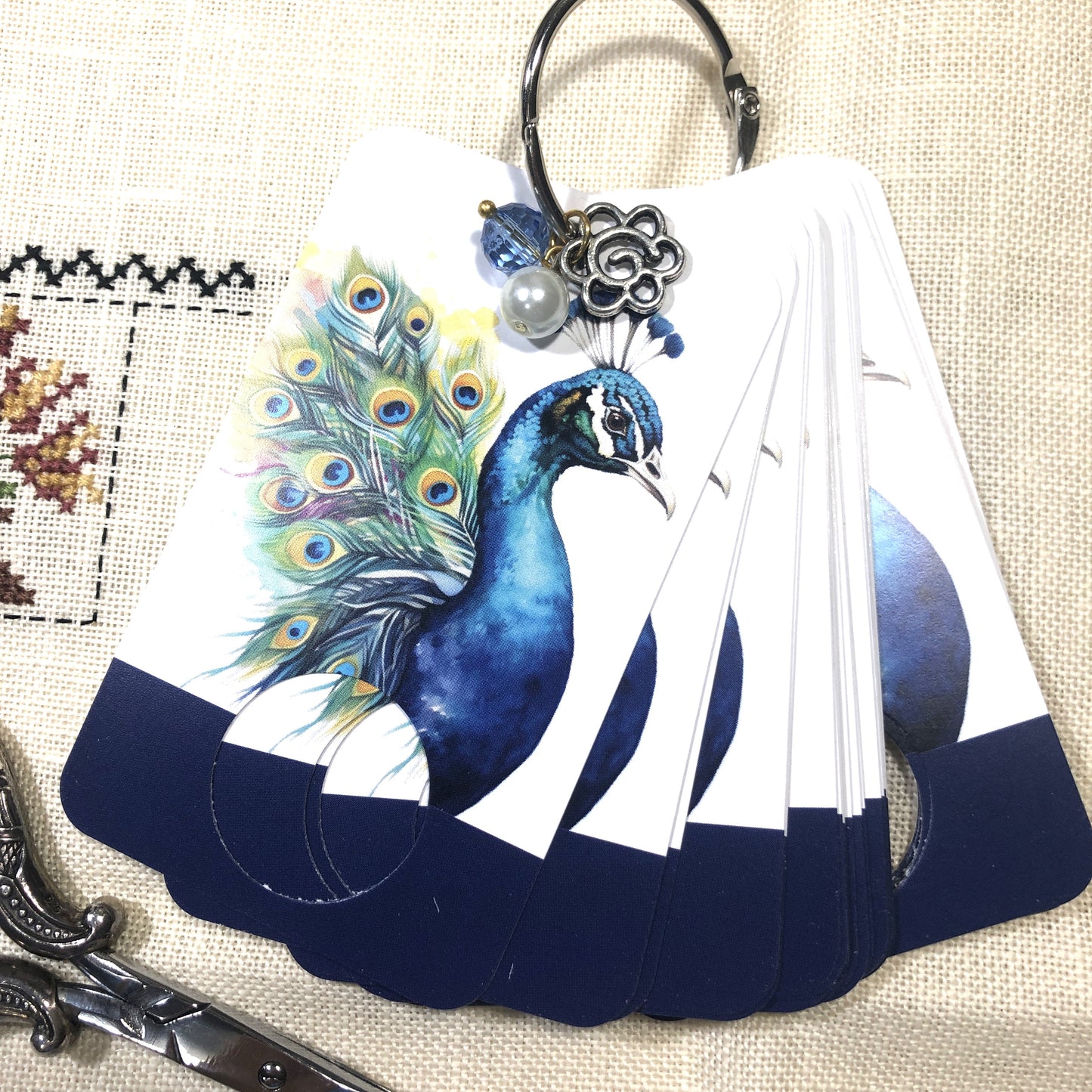 Peacock themed floss drops for cross stitch.