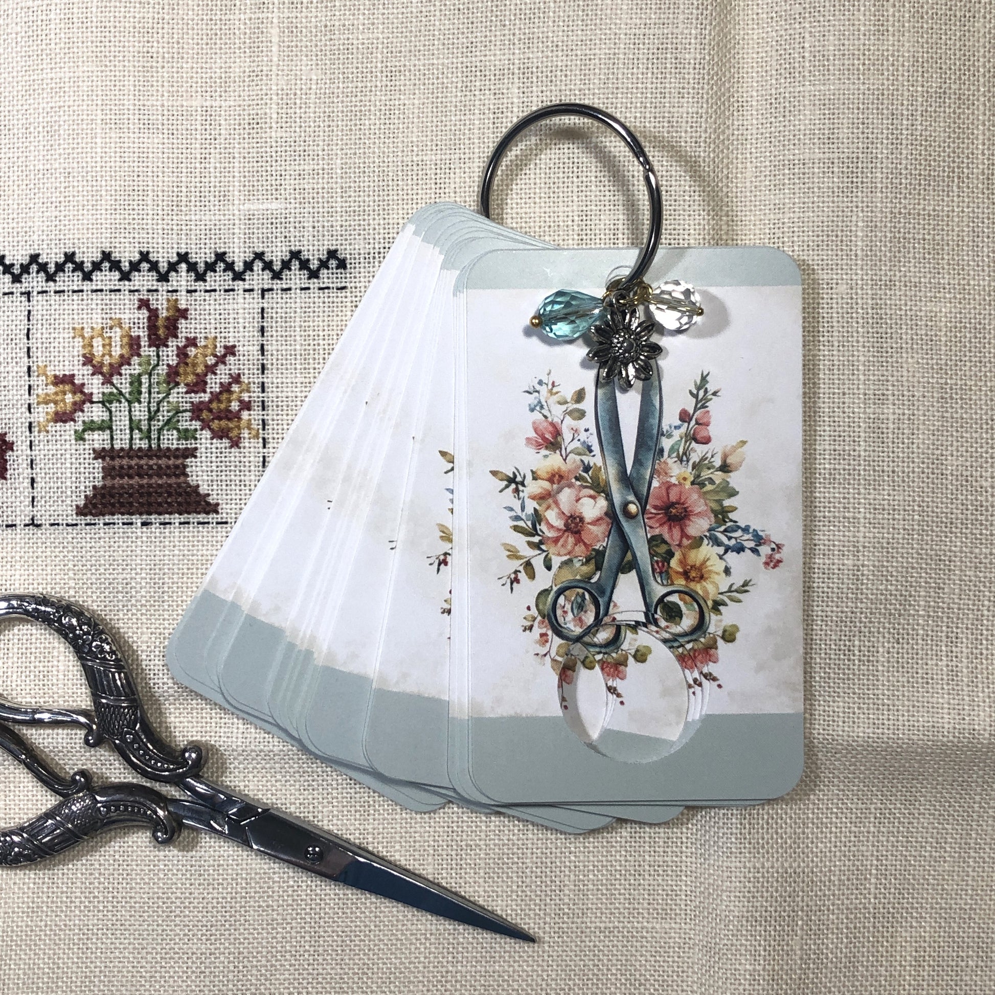Floral scissor themed floss drops for cross stitch.