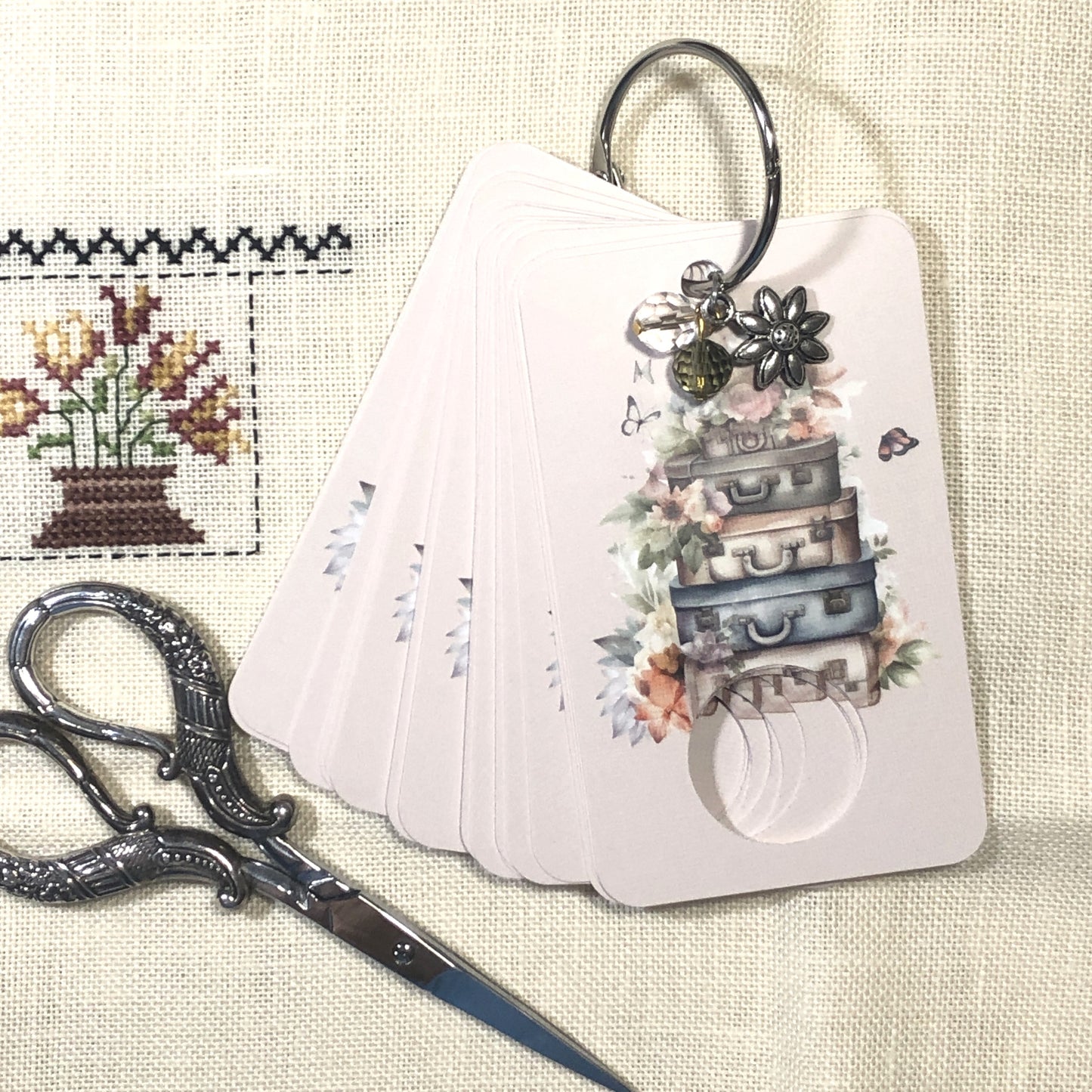 Shabby chic suitcases themed floss drops for cross stitch.