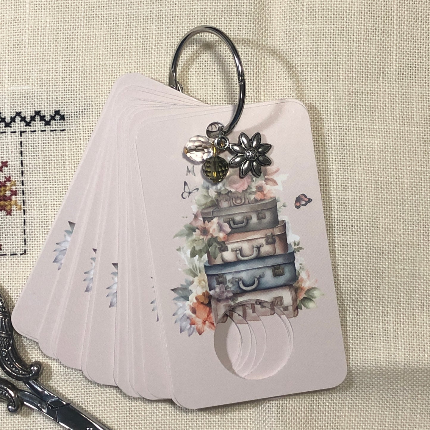 Shabby chic suitcases themed floss drops for cross stitch.