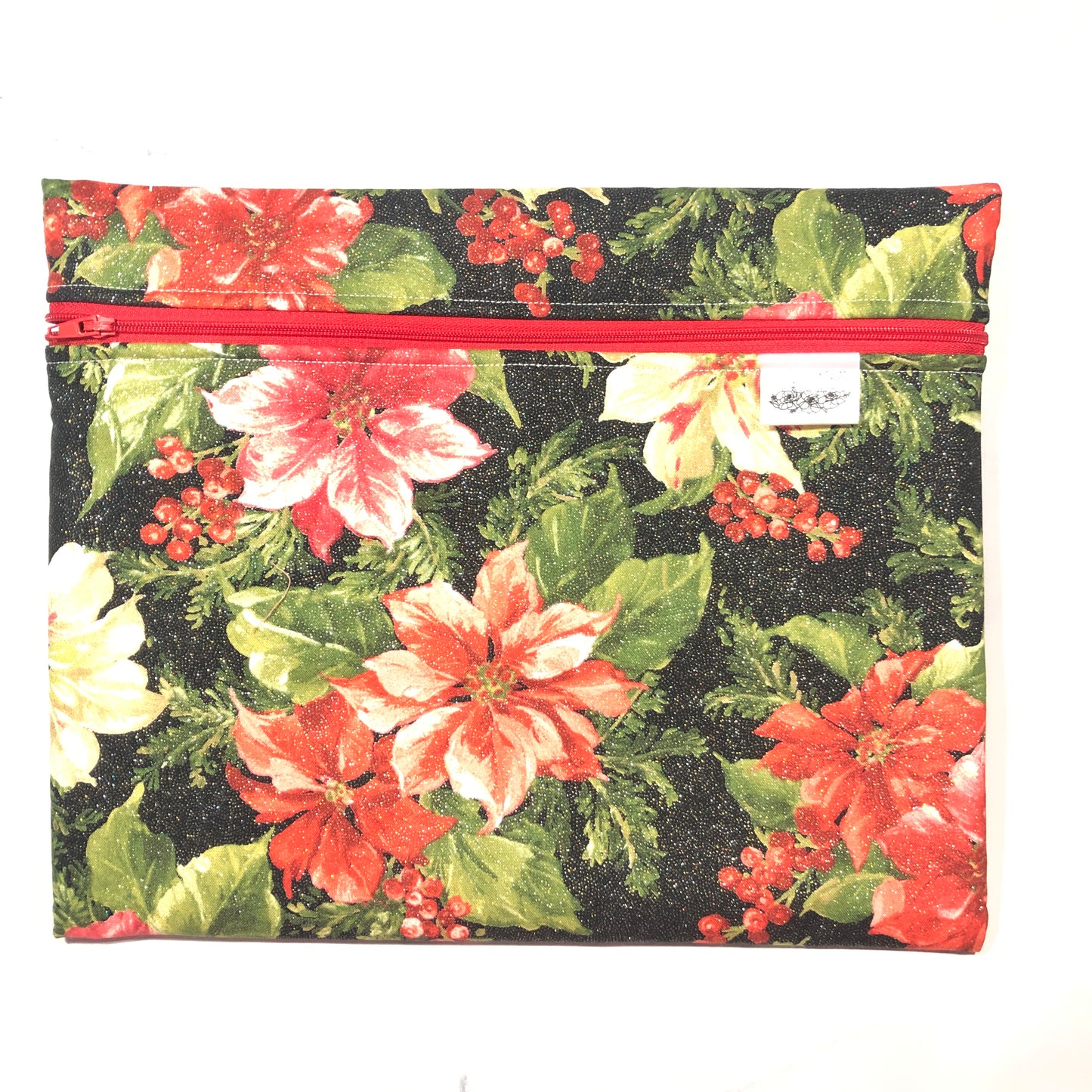 Sparkly Christmas poinsettia themed project bag for cross stitch.