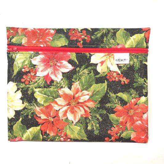 Sparkly Christmas poinsettia themed project bag for cross stitch.