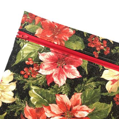 Sparkly Christmas poinsettia themed project bag for cross stitch.