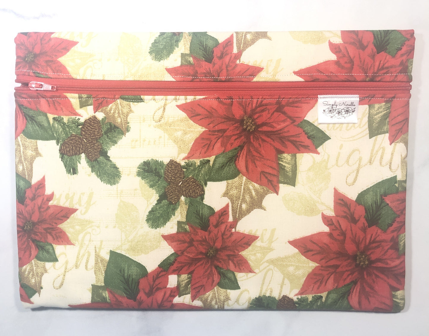 Poinsettia themed project bag for cross stitch.