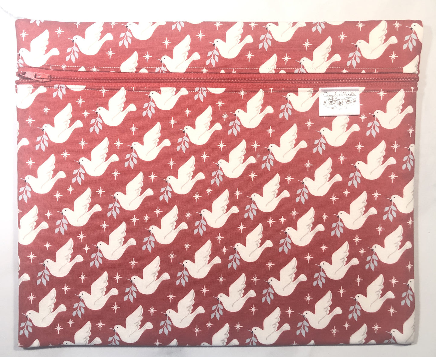 White peace doves  themed project bag for cross stitch.