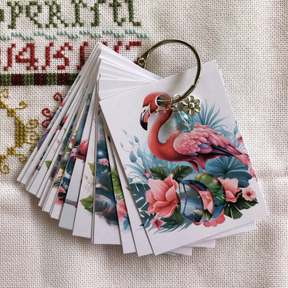 Flamingo themed handmade floss drops for cross stitch.