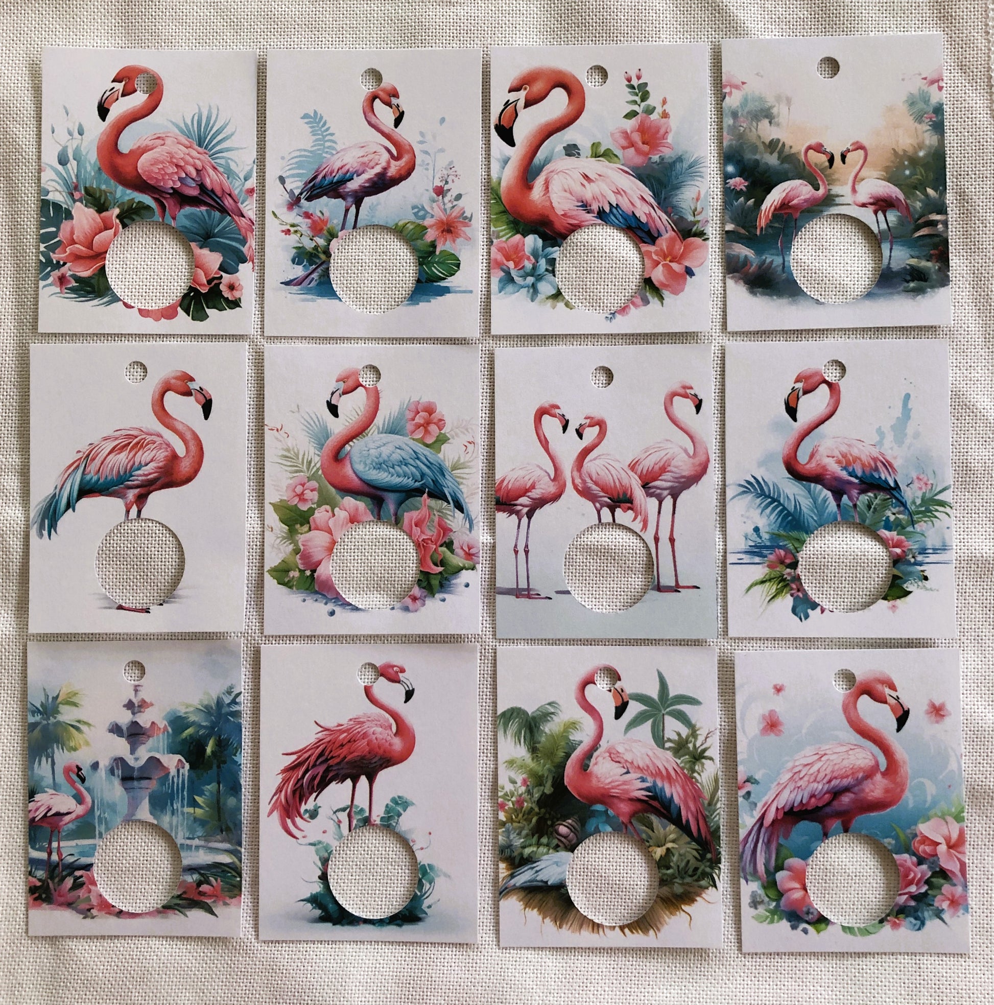 Flamingo themed handmade floss drops for cross stitch.