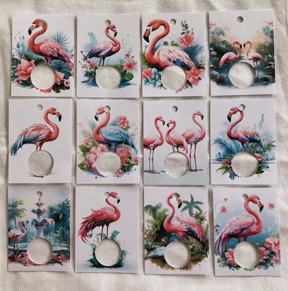 Flamingo themed handmade floss drops for cross stitch.